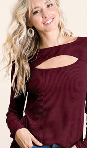 Eyes On You Ribbed Knit Cut Out Top -Burgundy
