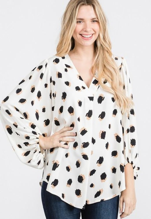 LAST ONE! Cooler Days Cheetah Print Bubble Sleeve Top - Ivory